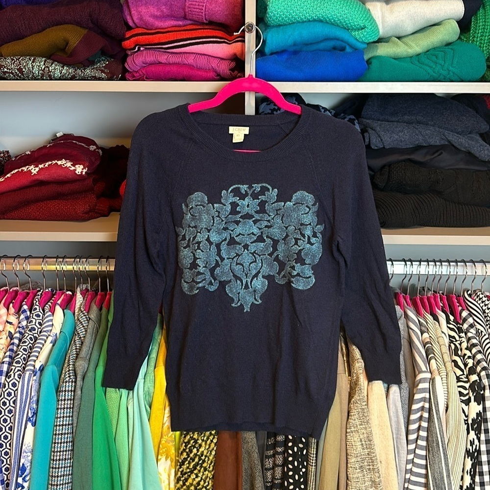 J Crew navy with teal print 3/4 quarter length sleeve crew neck sweater size XS